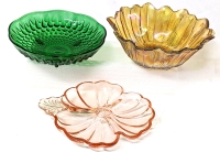 Vintage Hazel Atlas Green Teardrop Bowl + Sunflower Carnival Glass Bowl + Pink Depression Glass Flower Dish