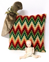 Vintage Bisque Ceramic Doll with Jointed Limbs, Miniature Pillow & Seal (?) Tea Pot Spout Cover