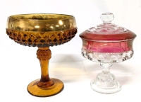 Vintage King's Crown Cranberry Glass Compote Dish w Lid & Indiana Amber Glass Diamond Point Pedestal Bowl Candy Dish