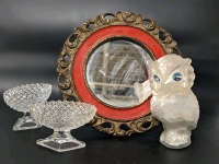 Vintage Cast Metal Table Top Mirror w Stand & Avon Snow Owl Powder Bottle & 2 Diamond Hobnail Salt Cellars