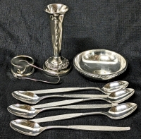 Sterling Silver Mini Serving Tongs , Silver Soldered Bowl by International Silver Co , Silver Plated Vase & 6 Silver Tone Community Spoons