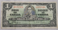 1937 Canadian One Dollar Bank of Canada Bank Note . Has been in circulation