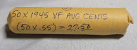 1945 Canadian One Cent Penny Roll . Roll Marked VF Average