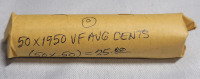 1950 Canadian One Cent Penny Roll . Roll Marked VF Average