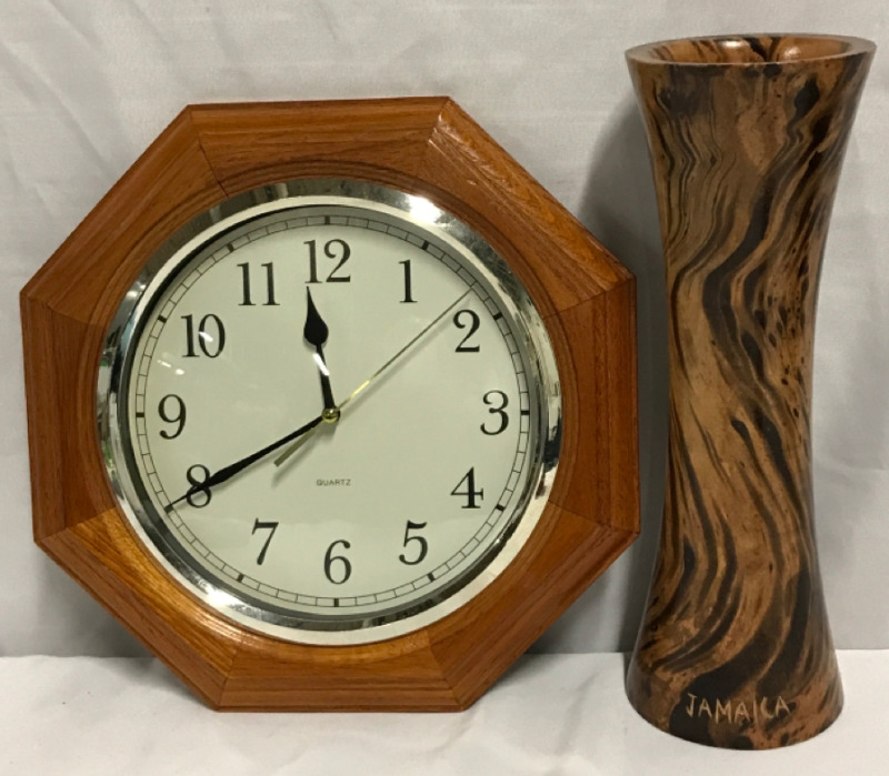 Wood Framed Clock and Vase