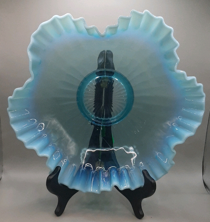 Vintage Blue Opalescent Ruffled Edge Center Bowl