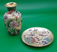Vintage Cloisonne Bird Dish and Vase