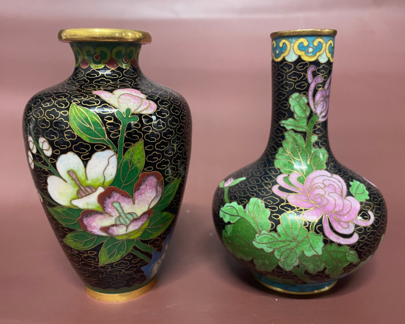 2 Cloissone Vases Black with Flowers