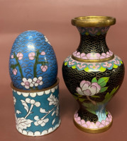 Cloissone Vase with pink and blue flowers and Cloissone egg with Cloissone holder