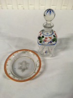 Antique Enameled Glass Dish& Decanter