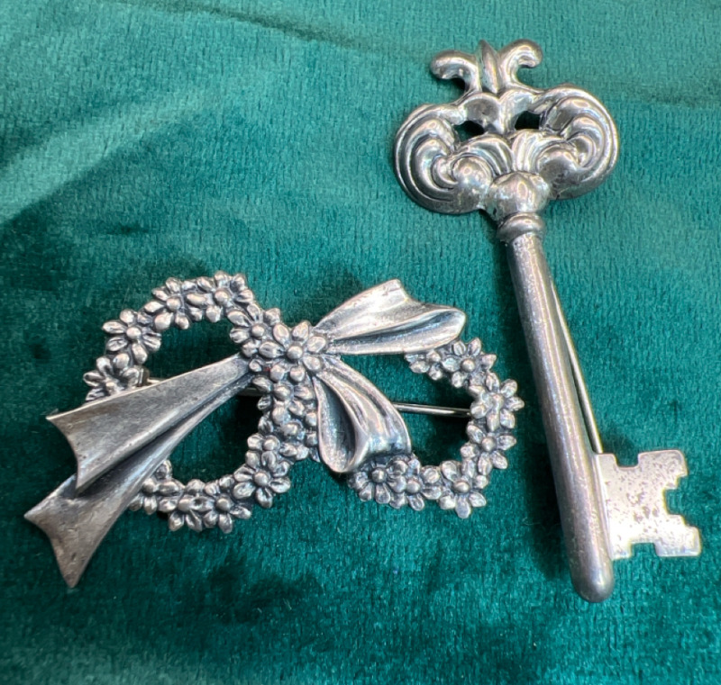 Sterling Key & Sterling Wreath Brooches