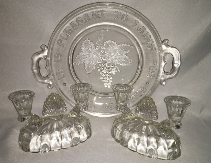 Art Deco Candlesticks & EAPG Motto Plate