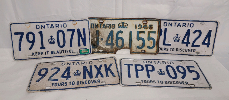 Vintage Ontario License Plates including Vintage 1966 Plate . Five (5) License Plates , Singles