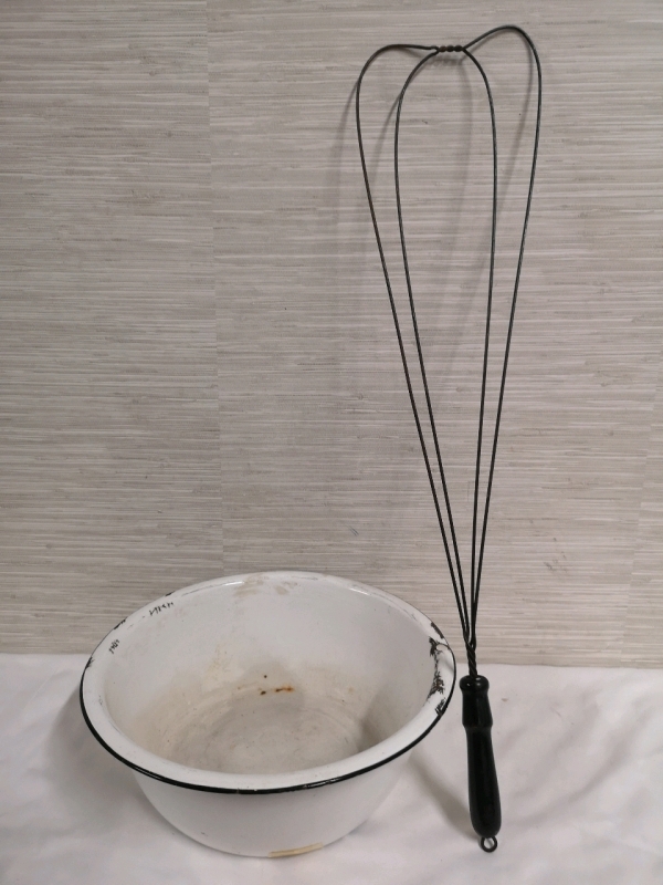 Vintage Rug Beater & Enamel Pan