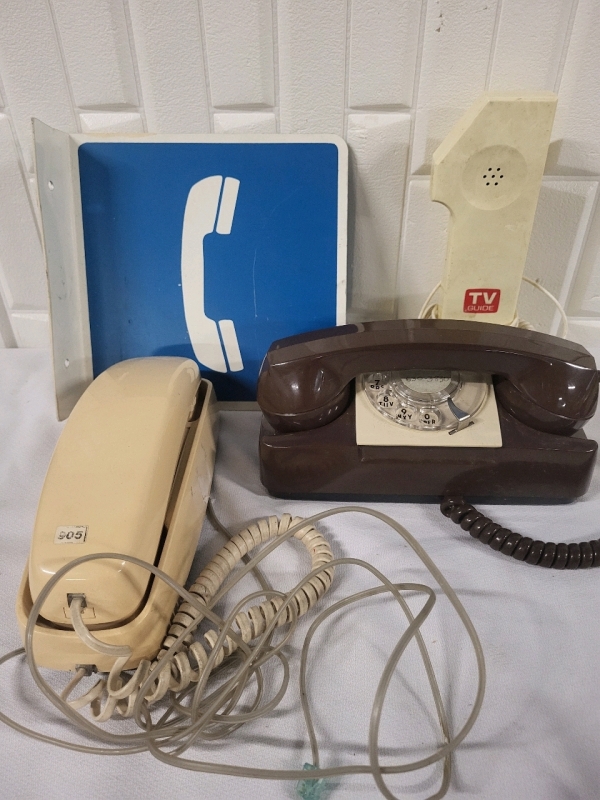 3 Vintage Telephones & Public Phone Sign