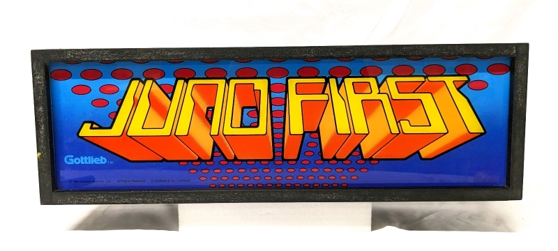 Vintage 1983 Konami JUNO FIRST Framed Arcade Cabinet Sign / Advertising Sign