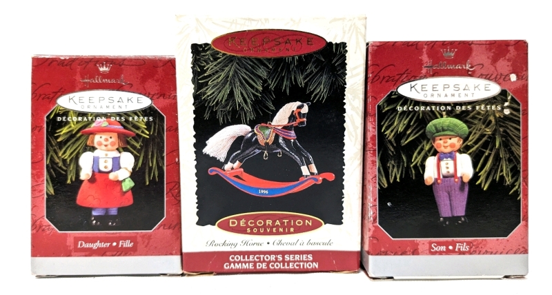 3 Vintage Hallmark Keepsake Ornaments: Son, Daughter Nutcrackers and Collector's Series 1996 Rocking Horse