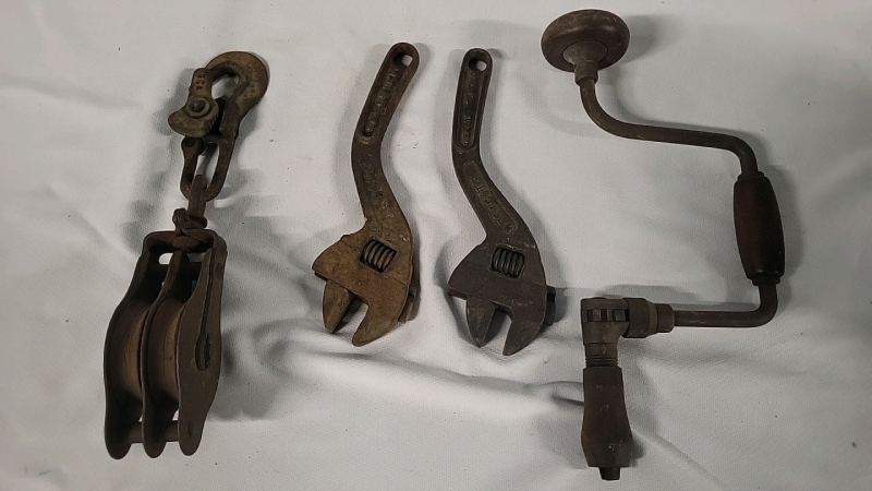 Vintage Tools - Double Farm Pulley , 2 Wrenched & Drill