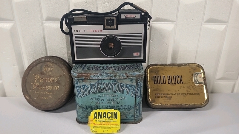 4 Vintage Advertising Tins & Vintage Camera