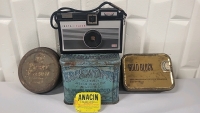 4 Vintage Advertising Tins & Vintage Camera