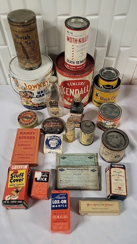 Lot of Vintage Brand Tins , Boxes & Bottles