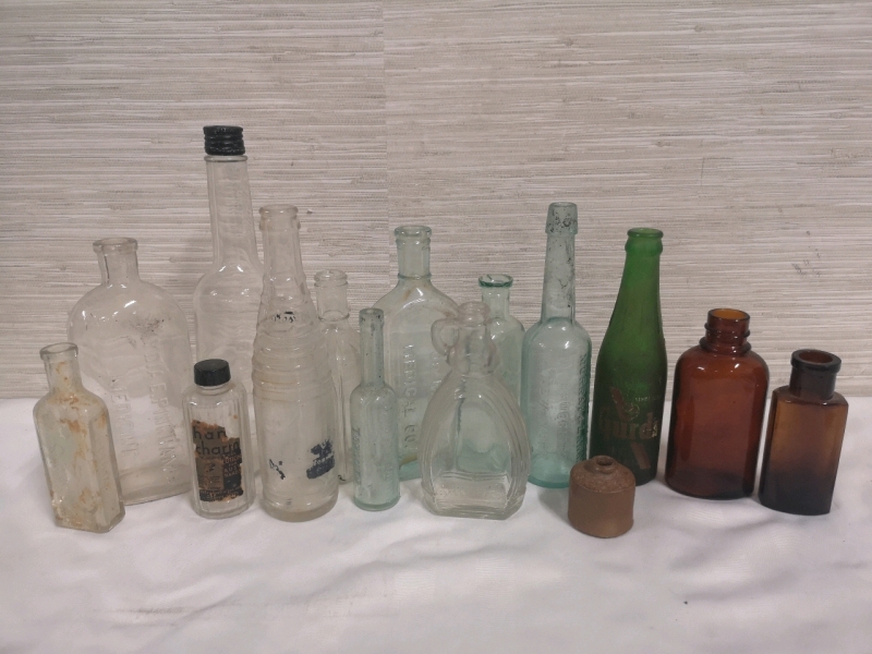 15 Collectible Bottles - Medicine, Beverage + ink well