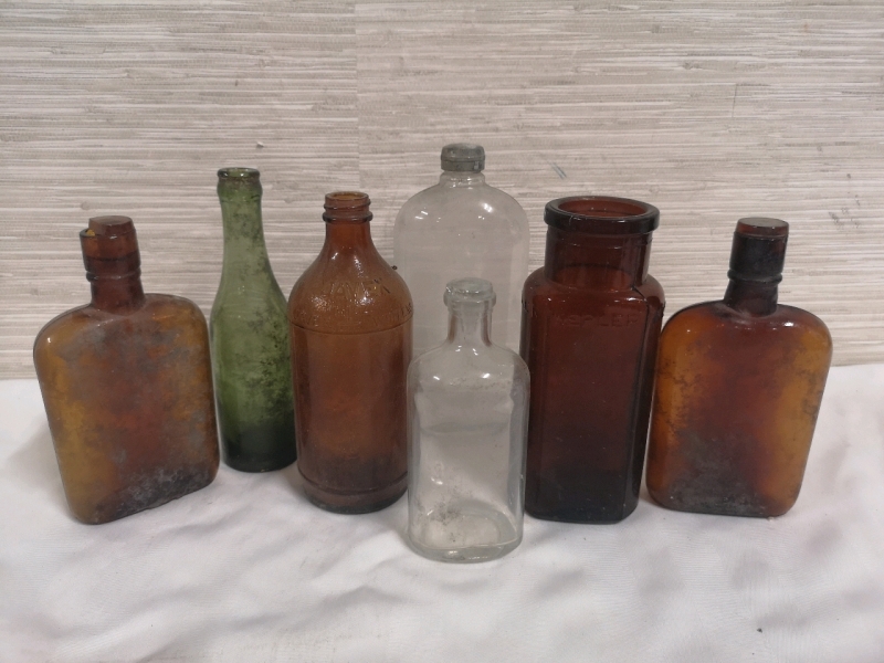 7 Collectible Bottles - Medicine, Beverage + ink well