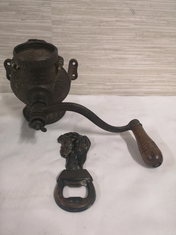 Vintage Arcade Cyrstal Cast Iron Wall Mount Coffee Grinder + Black Horse bottle Opener