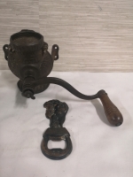 Vintage Arcade Cyrstal Cast Iron Wall Mount Coffee Grinder + Black Horse bottle Opener