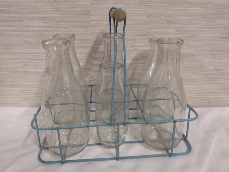 Vintage Metal Bottle Holder + Glass Milk Bottles
