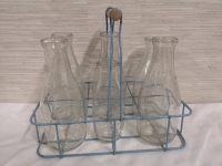 Vintage Metal Bottle Holder + Glass Milk Bottles