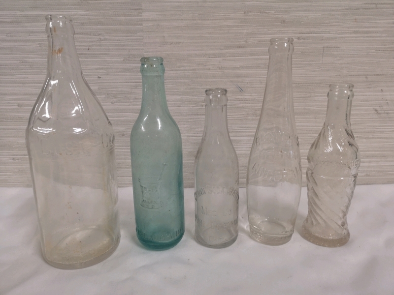 5 Collectible Glass Bottles - Coca-Cola, Brayer's Ginger Ale, Crown Soda+