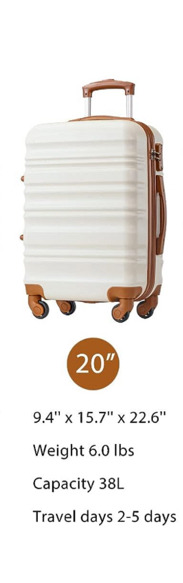 NEW LONG VACATION Luggage 20&rdquo; ABS Hardshell TSA Lock Spinner Wheels ( White - Brown )