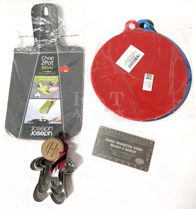 New Kitchen Gear: Folding Chopping Board, Set of 4 Silicone Lids/Trivets, Butter Measuring Guide, Cookie Cutters.