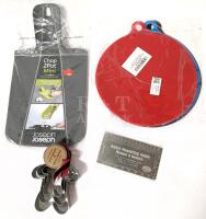 New Kitchen Gear: Folding Chopping Board, Set of 4 Silicone Lids/Trivets, Butter Measuring Guide, Cookie Cutters.
