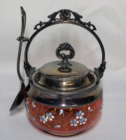 Vintage Enameled Cranberry Glass Condiment Jar with Spoon .