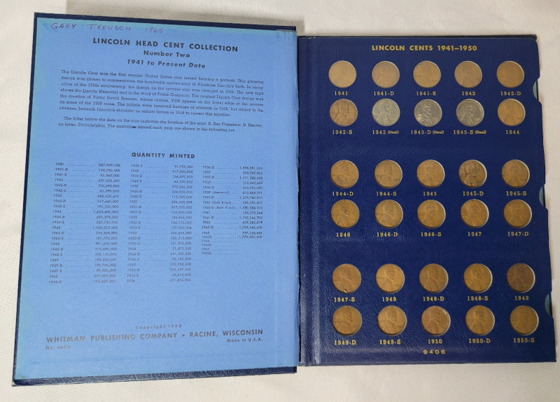 1941 - 1964 USA Lincoln Pennies in Book . Includes 14 Extra Steel Pennies