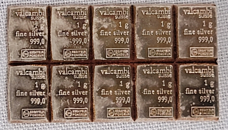 Valcambi Fine Silver Ten (10) Gram Bar , Can Be Split into 10 One Gram Bars