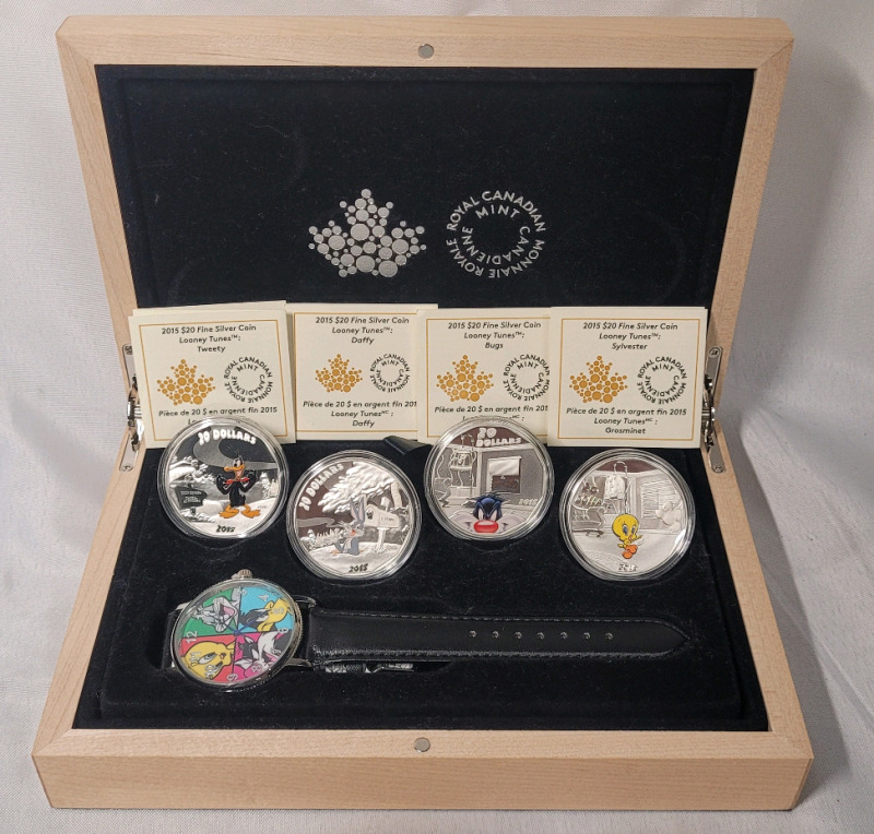 2015 Canadian Pure Silver Looney Tunes $20 4-Coin Set w/Watch in Wooden Case
