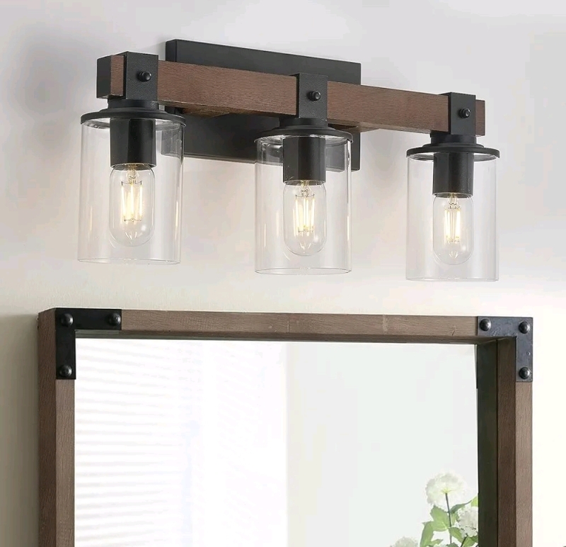 Wood Farmhouse Vanity Light 3-Light Rustic Bathroom Light Fixture with Clear Glass Shades