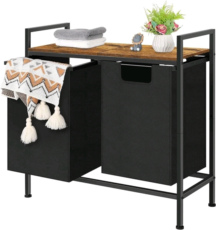 Double Laundry Hamper 2 Section Laundry Sorter with Top Shelf and Removable Bags