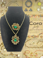 Vintage CORO Necklace & Brooch Green Rhinestone