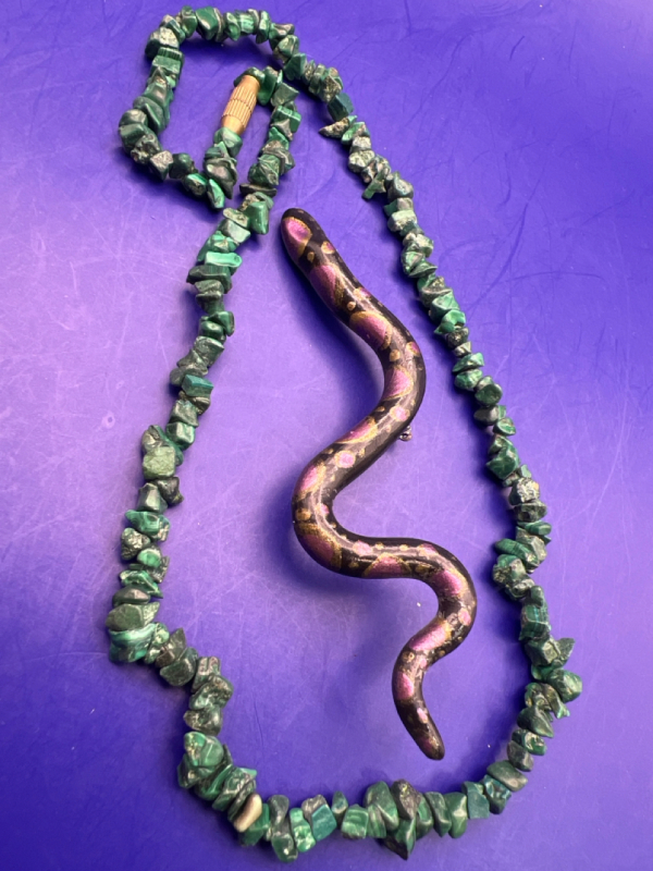 Vintage Malachite necklace Native made painted snake brooch