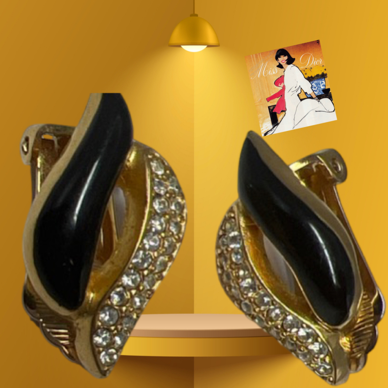 Christian Dior Pave Black Enamel Earrings