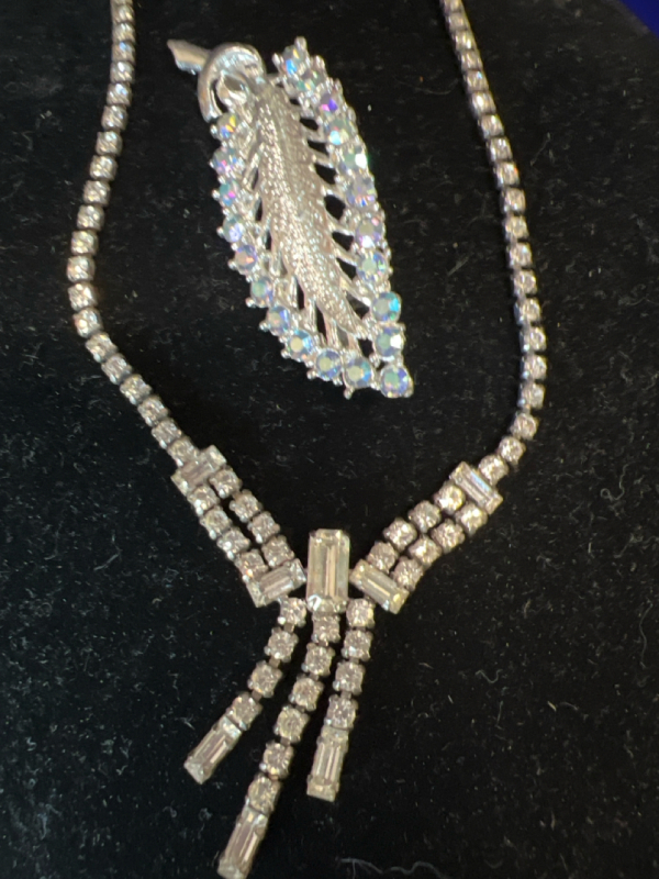 Vintage Jayflex Sterling Rhinestone Necklace AB Blue Rhinestone Brooch
