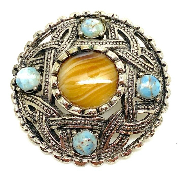Vintage Scottish Celtic Blue & Yellow Shield Brooch