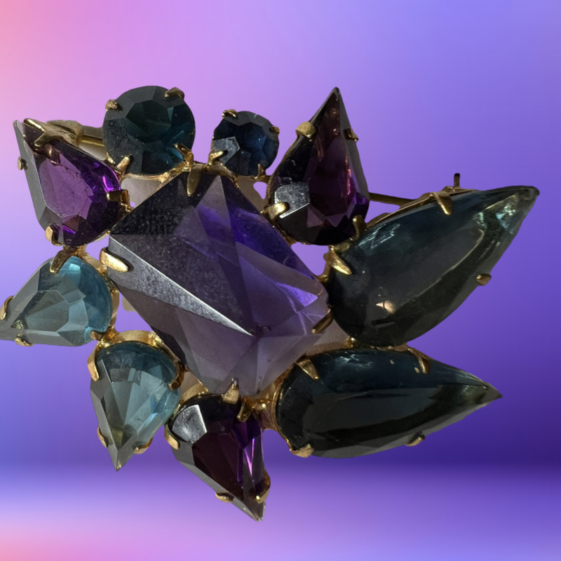 Stunning Purple & Blue Crystal Rhinestone Brooch