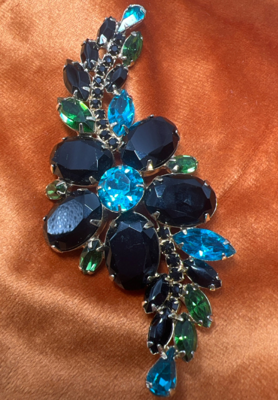 Stunning Ice Blue Green Rhinestone Brooch Black Glass Brooch