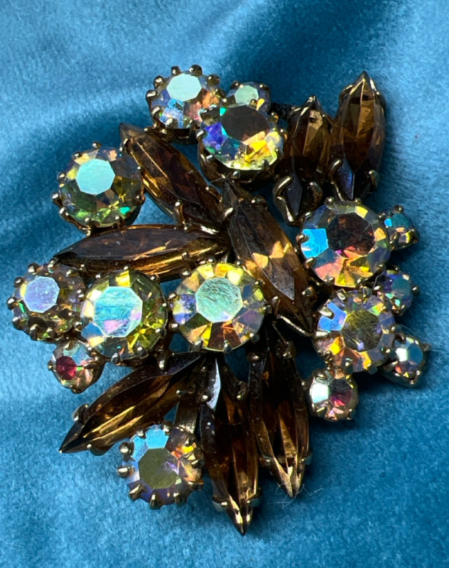 Topaz Navette Aurora Borealis Rounds Spray Brooch