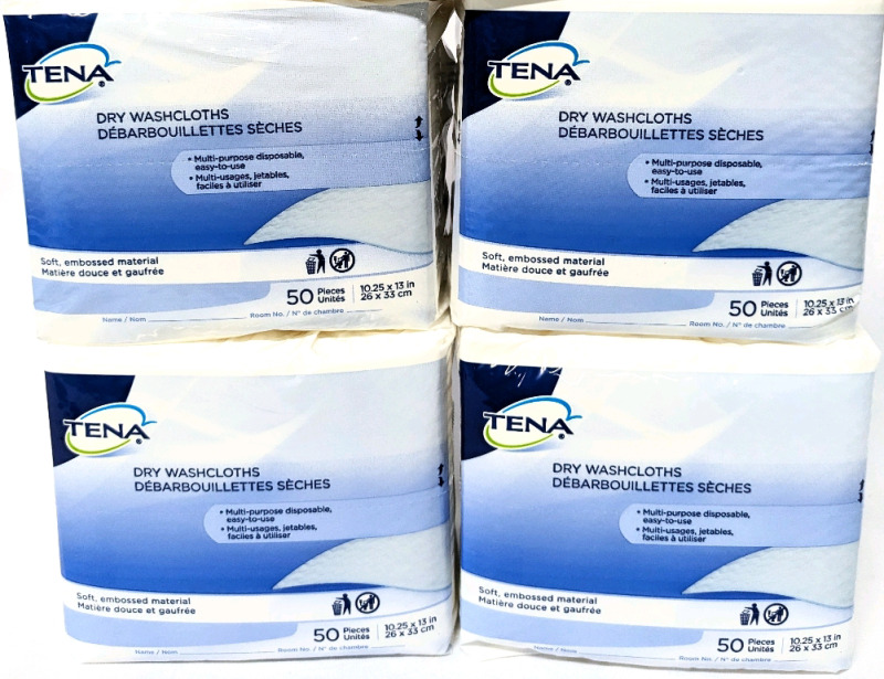 4 New Packs TENA Dry Washcloths (50 Washcloths Per Pack)